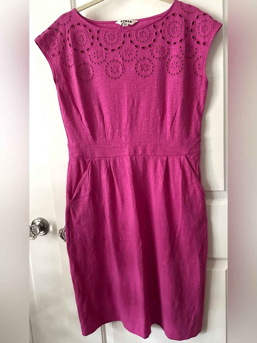 Boden Pink Eyelet Cotton Dress Pockets US 10 Embroidered Midi